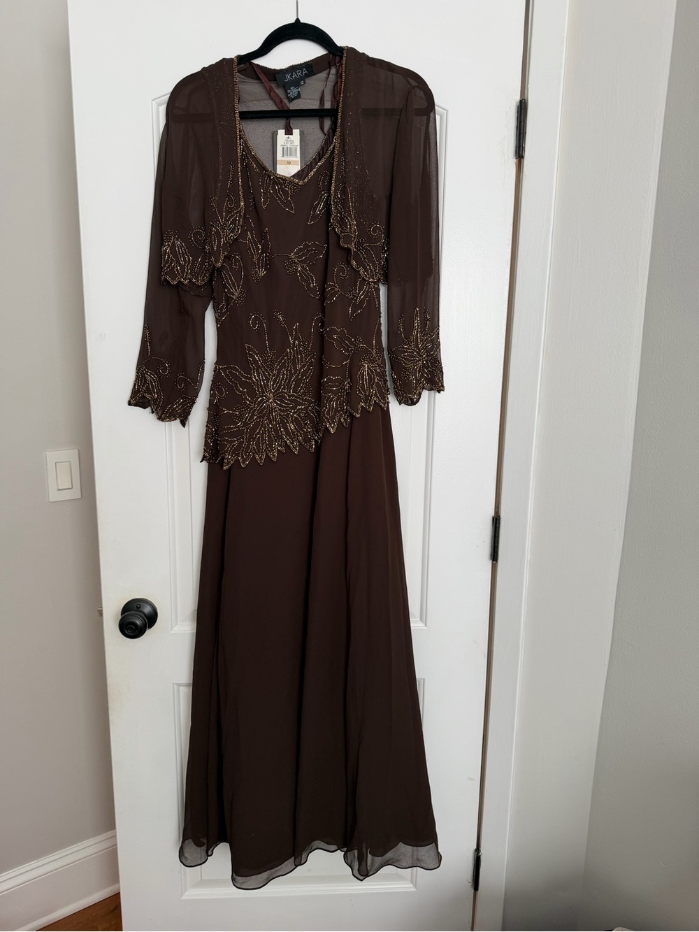 J Kara Brown Beaded Maxi Dress with Sheer Jacket